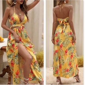 Yellow Boho Tropical Print Backless Maxi Dress V-Neck Floral Flared